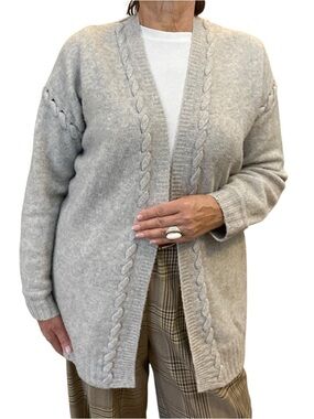 Joie Light Gray Cable-Trim Open Cardigan 42% wool 21% camel blend Size L EUC